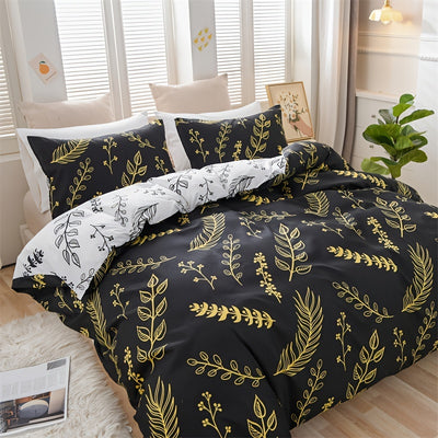 Golden Floral Print Duvet Cover Set: Stylish and Comfortable Bedding for All Seasons - Includes 1 Duvet Cover and 2 Pillowcases (No Core)