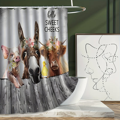 Farmhouse Charm: Waterproof Shower Curtain Set with Animal Pattern - Complete Bathroom Décor Package