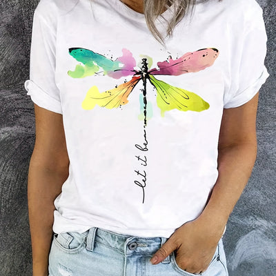 Colorful Dragonfly Print Crew Neck T-Shirt, Casual Short Sleeve T-Shirt For Spring & Summer, Women's Clothing