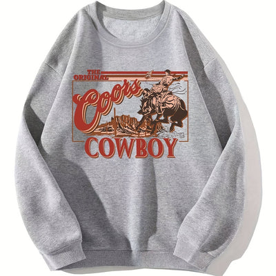 Cowboy Print Pullover Women's Sweatshirt, Casual Long Sleeve Crew Neck Sweatshirt For Spring & Fall, Women's Clothing