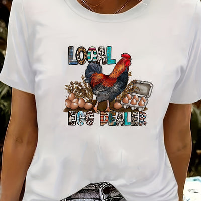 Eggclusive Fashion: Women's Local Egg Dealer Letter Print Tee - Casual Short Sleeve Crew Neck T-Shirt