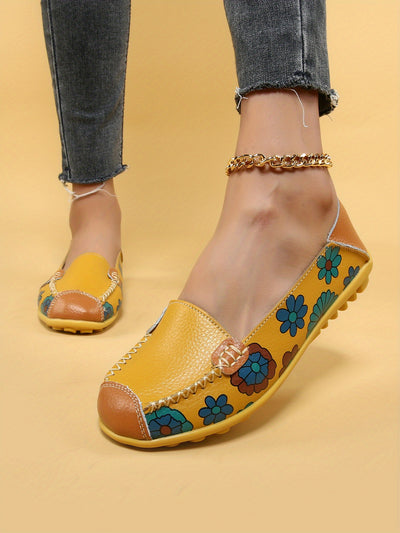 Stylish Women's Casual Yellow Flat Shoes with Flower Patterns: Lightweight and Comfortable Low Top Design