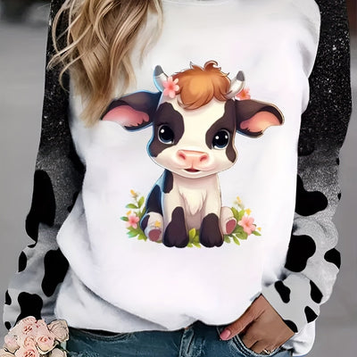 Trendy and Comfy Cow Print Pullover Sweatshirt - Women's Fashion for Fall/Winter