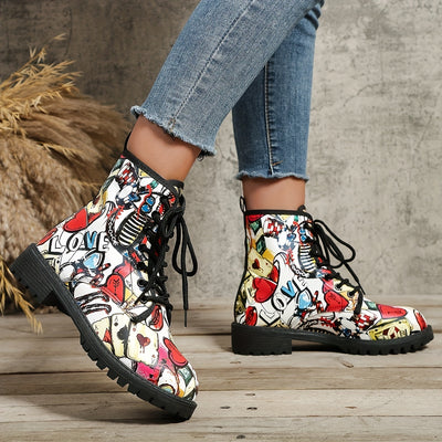 Graffiti-Print Platform Boots: Bold and Versatile Women's Lace-up Ankle Boots