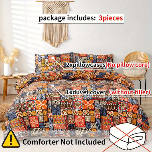 Boho Chic: Abstract Square Print Bedding Set for a Comfortable and Stylish BedroomLove Rose Print Duvet Cover Set: Soft and Comfortable Bedding for Bedroom and Guest Room(1*Duvet Cover + 2*Pillowcases, Without Core)