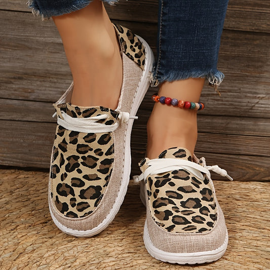 These Stylish Leopard Print Canvas Shoes for Women will elevate your casual wardrobe. The colorblock design and lace-up closure provide a fashionable look, while the flat canvas offers comfort all day. Perfect for everyday style.