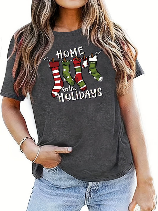 Stay festive and stylish this holiday season with our Women's Christmas Socks Print T-Shirt. Featuring a comfortable and chic short sleeve design with a crew neck, this shirt is perfect for all your holiday gatherings. Show off your love for Christmas with the fun and festive sock print.