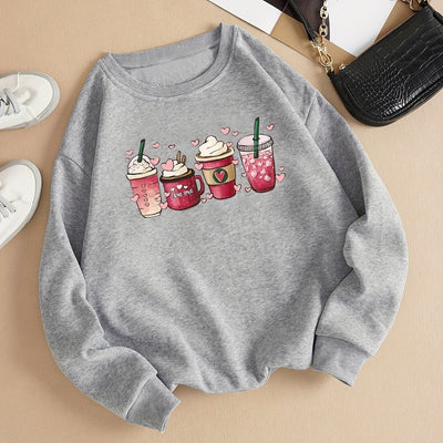 Cute and Cozy: Cartoon Coffee Cup Print Pullover Sweatshirt for Women's Fall/Winter Wardrobe