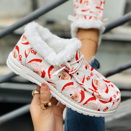 Festive Style and Cozy Comfort: Women's Santa Claus Print Canvas Shoes with Plush Lining for a Merry Christmas!