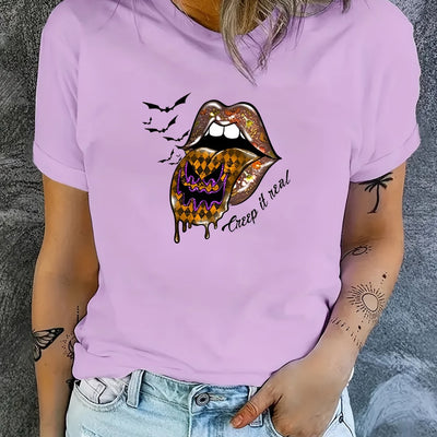 Halloween Bat Graphic and Lips Print Casual Sports T-Shirt - Perfect Women's Summer Tops!