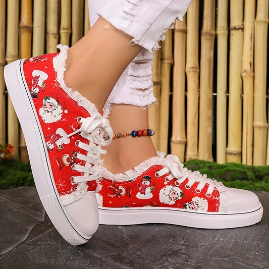 These women's canvas shoes feature a festive Santa Claus print, laces up securely for comfort. Perfect for the holiday season, the canvas material ensures a cozy and comfortable fit.