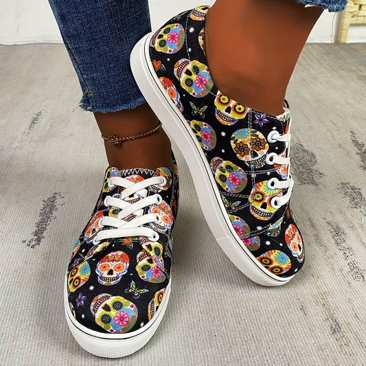 Floral Skull Women's Canvas Shoes - Non-Slip Lace Up Flat Loafer Sneakers for Casual and Halloween