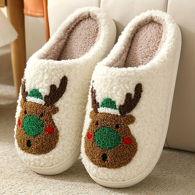 Festive Cartoon Christmas Deer Print Slippers: Slip-On, Non-Slip, Warm and Cozy Indoor Shoes