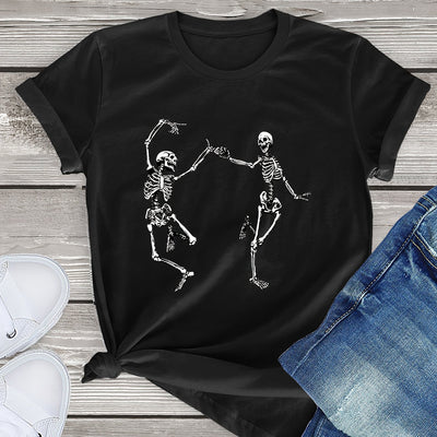 Playful Elegance: Dancing Skeletons Print T-Shirt - A Stylish Spring/Summer Staple for Women's Fashion