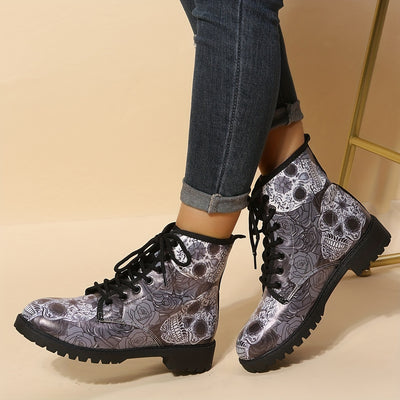 Horror Chic: Women's Skull Print Short Boots - Halloween-inspired Fashion with Lace-up Comfort