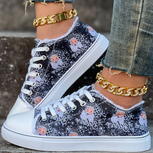 Step into the holidays with style in these Womens Santa Claus Printed Canvas Shoes. Featuring a festive design printed on lightweight canvas, these sneakers bring a touch of Christmas to your wardrobe. Ideal for the holiday season and beyond, these shoes are the perfect way to spread holiday cheer.