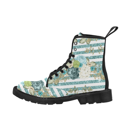 Teal Glitter Floral Boots, Glitter Stripes Martin Boots for Women