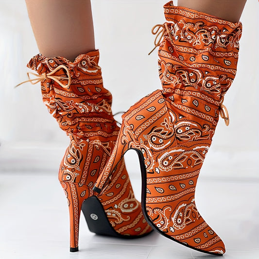 Vibrant Paisley Print Boots: Trendy Lace-Up Stilettos for Women