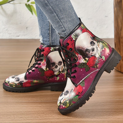 Stylish Halloween Ankle Boots: Women's Skull Rose Chunky Heel Boots with Fashion Lace-up – The Perfect Blend of Fashion and Spookiness!