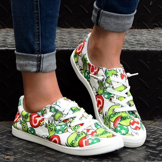 Our Christmas with Heart Pattern Canvas Flat Shoes offer women lightweight and comfortable wear for casual walks. These lace-up low tops feature a heart pattern canvas construction, ensuring durability and breathable comfort. Perfect for any day of the week.