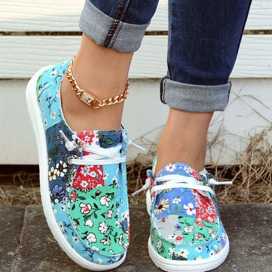 Coloful Flower Pattern Patchwork Boat Shoes for Women - Anti-Slip Lace-Up Walking Shoes