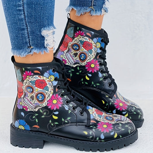 Skull Rose Printed Gothic Combat Boots: Embrace Your Dark Side in Style