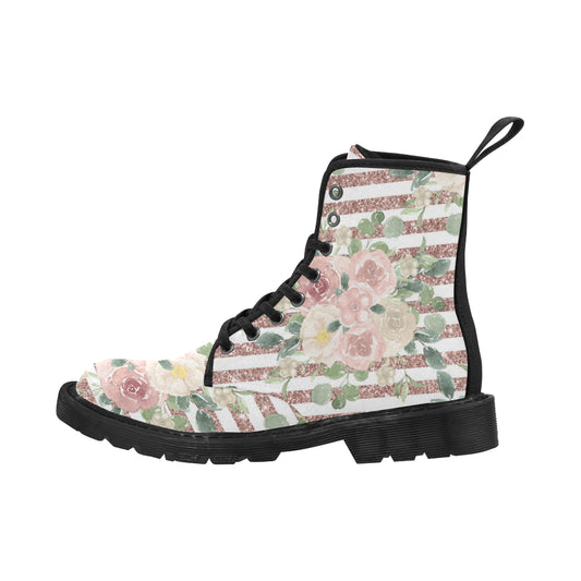 Sweet Pink Floral Boots, Glitter Art Martin Boots for Women