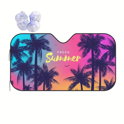 Hawaiian Sunset Sunshine Car Windshield Sunshade: Beach Coconut Tree Design, Folding Front Window Shade for Most Vehicles - High-Quality & Affordable