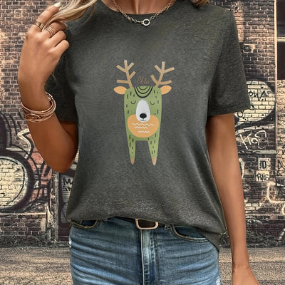 Mini Cute Deer Graphic Print T-Shirt: A Casual Short Sleeve Tee for Stylish Women's Clothing in Spring and Summer