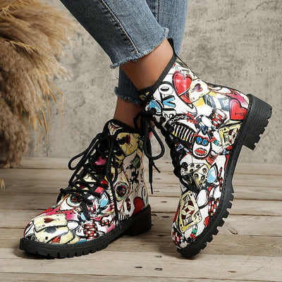 Graffiti-Print Platform Boots: Bold and Versatile Women's Lace-up Ankle Boots