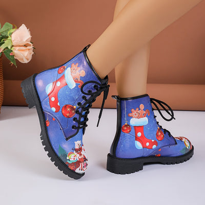 Festive Fun: Women's Christmas Style Combat Boots with Santa Claus & Snowman Pattern