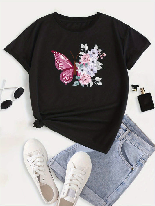 This plus-size T-shirt offers a casual style in a beautiful floral and butterfly pattern. Cut with a slight stretch, it provides a comfortable fit with short sleeves and a flattering silhouette. Perfect for everyday wear.
