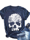 Skull Halloween Pattern T-shirt, Casual Crew Neck Short Sleeve T-shirt, Women's Clothing