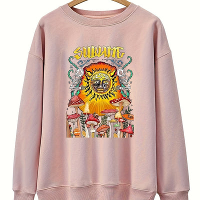 Mushroom & Skeleton Halloween Casual Sweatshirt, Women's Plus Graphic & Art Letter Print Round Neck Long Sleeve Sweatshirt, Women's Clothing