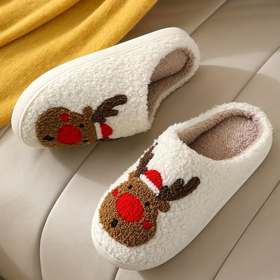 Festive Cartoon Christmas Deer Print Slippers: Slip-On, Non-Slip, Warm and Cozy Indoor Shoes