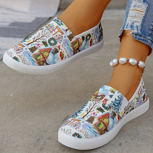 Festive Joy: Women's Christmas Style Canvas Sneakers - Casual Low Top Slip-On Flat Shoes for all Match Walking Trainers