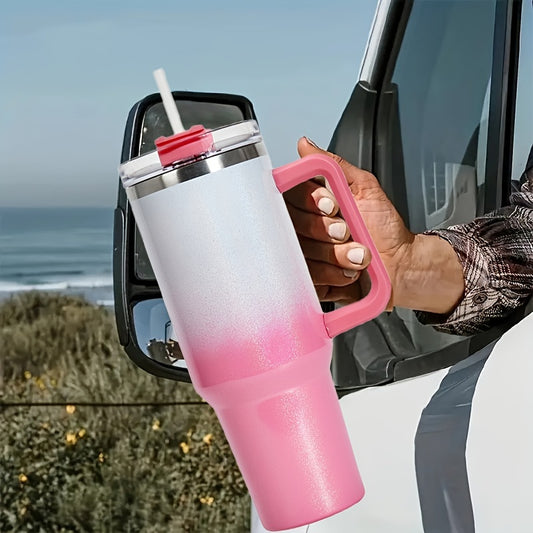 This 40oz stainless steel tumbler is perfect for car, home, office, and travel. Durably made, its handle, lid, and straw make it an ideal choice for all your hydration needs. An ideal birthday gift, it has a fun mix of colors that will make anyone smile.