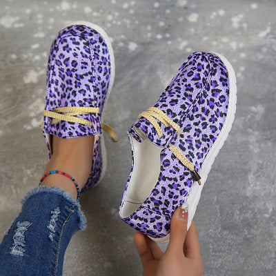 Stylish Purple Leopard Print  Women's Canvas Shoes - Lightweight and Comfortable Lace-Up Walking Shoes