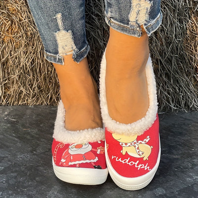 Warm Santa Claus Pet Dog Pattern Women's Slip-On Shoes: Stylish Winter Christmas Flats for Casual Outdoor Walks
