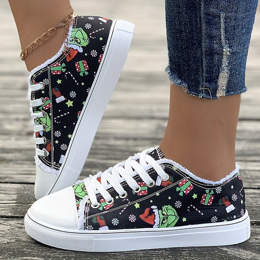 Elevate your holiday spirit with these Women's Elf-Printed Canvas Sneakers. Their casual design is perfect for spreading Christmas cheer while staying comfortable. Made with festive elf print, these flat shoes add a touch of fun to any outfit. Step into the season with festive fashion and comfort.