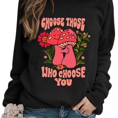 Whimsical Fungi: Mushroom Letter Print Pullover Sweatshirt - A Cozy and Stylish Addition to Your Fall/Winter Collection