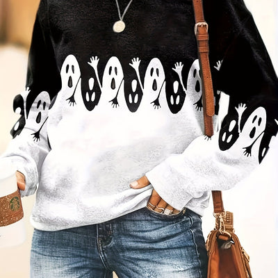 Spooky Chic: Halloween Ghost Print Pullover Sweatshirt for Fall/Winter