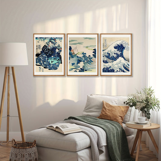 3pcs Japanese Woodblock Canvas Art: The Great Wave Collection - Posters for Home and Office Decoration