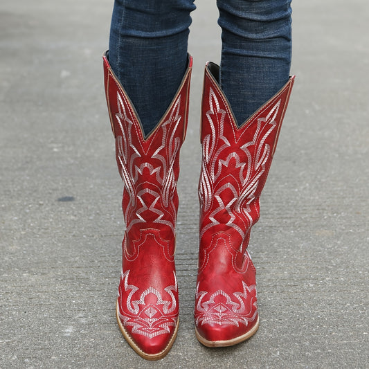 These stylish women's cowgirl boots feature a retro design with V-cut embroidery, a pointed toe, and a mid-calf fit. The convenient slip-on style makes them easy to take on and off for all-day comfort. Perfect for days you want to make a western-inspired fashion statement.