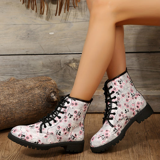 Spooky Chic: Women's Skull Pattern Combat Boots - Casual Halloween Lace-Up Ankle Boots