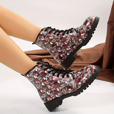 Skull Rose Patterned Women's Halloween Combat Boots: All-Match Lace-Up Shoes for a Spooky Stylish Look