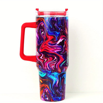 40Oz Colorful Marble Stainless Steel Water Tumbler Cup, Large Capacity Water Tumbler With Straw, Creative Portable Water Bottle For Outdoor Camping