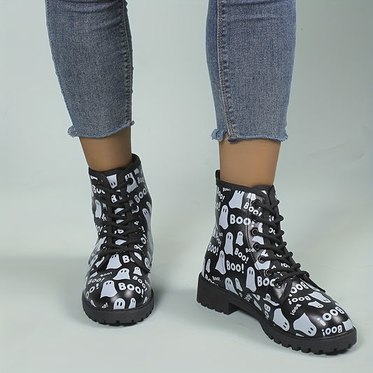 Halloween Haunt: Women's Ghost Print Combat Boots - Spooky Style with Comfort