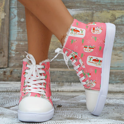 Cute and Cozy: Women's Cartoon Print Canvas Shoes - Casual, Plush-Lined High Tops