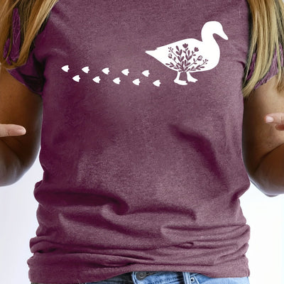 Quack in Style: Duck Print Crew Neck T-Shirt - Casual Summer Top for Women